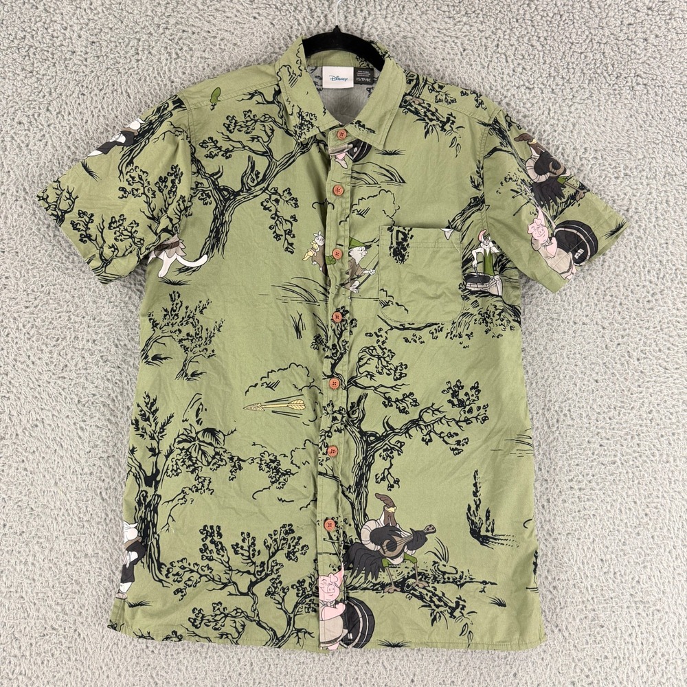 Disney Robin Hood Shirt Mens XS Green All Over Print Cotton Button Down Pocket